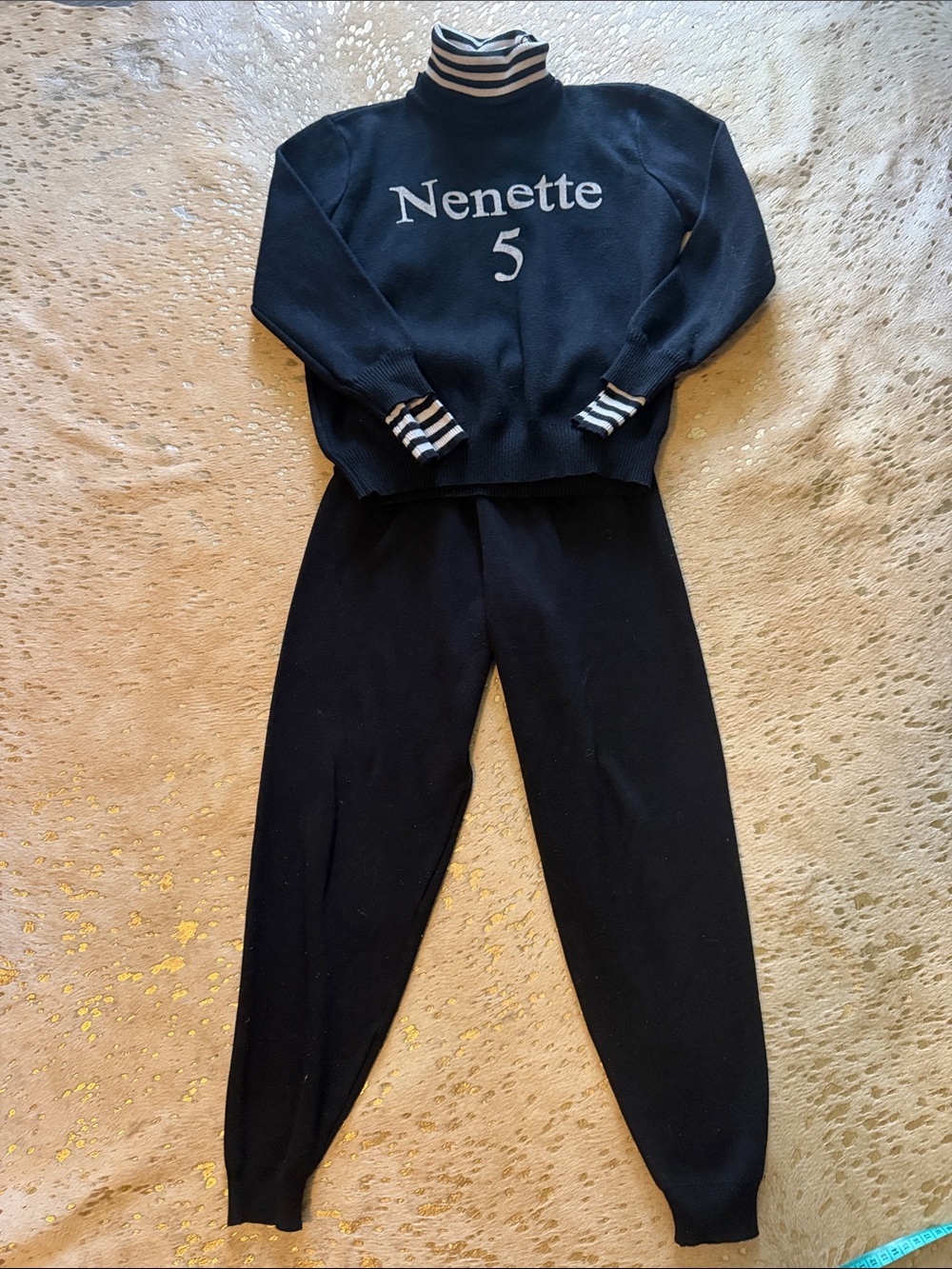 2pc Black Knit Sweater Lounge Set with Striped Trim GUC